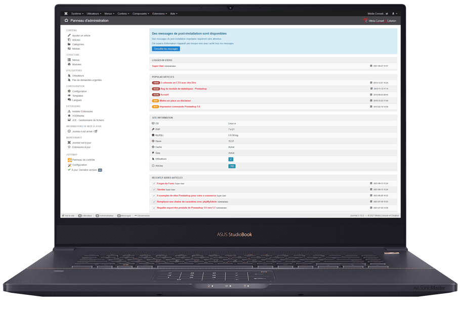 Backoffice du CMS Joomla pour la gestion d'un site facile d'accès et simple d'utilisation