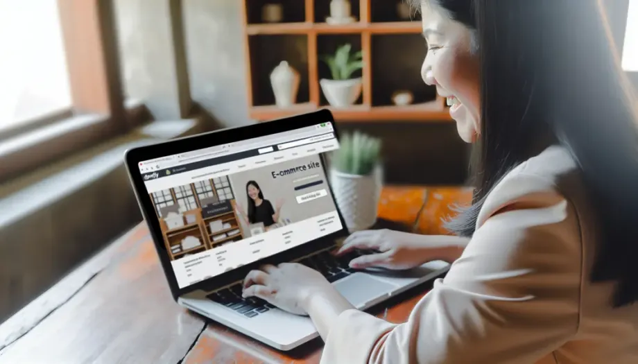Un entrepreneur souriant utilisant un ordinateur portable pour gérer une boutique Shopify.
