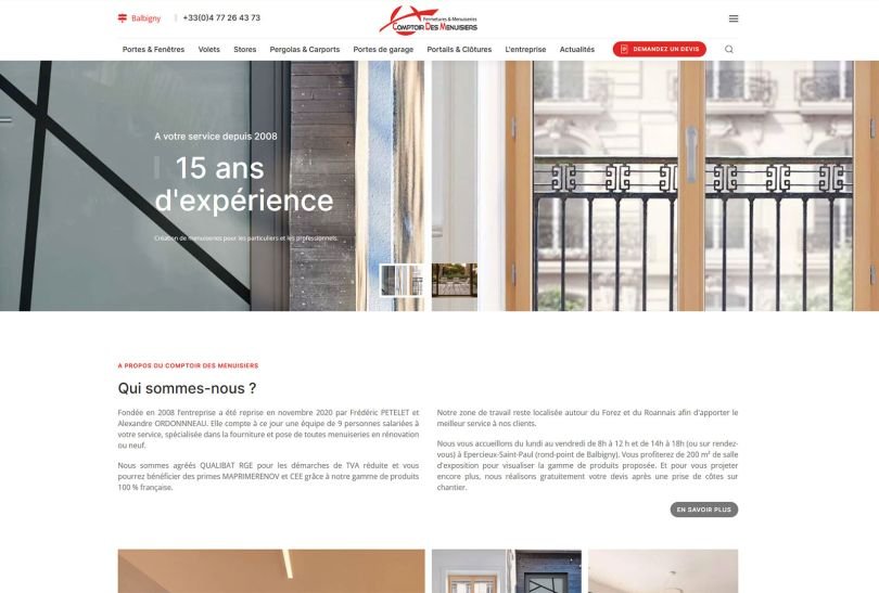 Création d'un site Joomla pour le client Comptoire des Menuisiers à Epercieux St Paul spécialisé dans la pose de fenêtres, portes, huisseries, pergolas, etc.,